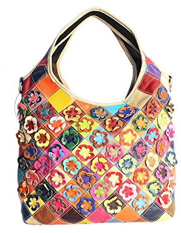 Segater® Mehrfarbig Floral Rind Leder-Umhängetasche für Damen, Vintage Rindsleder Handtasche Blumenmuster 3D Schultertaschen Damen Reisetasche mit Henkeltasche Patchwork bunte Geldbörsen Henkeltaschen