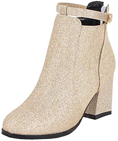 LUXMAX Stivali Donna con Tacco Alto Quadrato Paillettes Glitter Stivaletti Fibbie alla Caviglia (Oro) - 34 EU