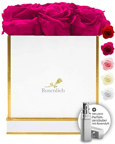 Rosenlieb Rosenbox mit 9 Infinity Rosen (bis 3 Jahre haltbar) | Echte Rosen | Inklusive Grußkarte | Flowerbox Geschenk (Square Brava Weiß, Pink)