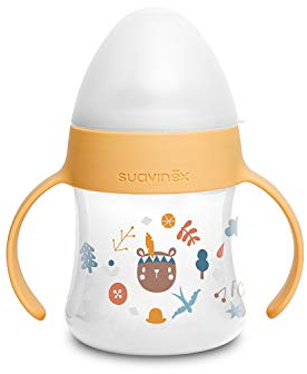 Suavinex, First Biberón de asas, taza de aprendizaje con boquilla flexible de silicona, biberón de aprendizaje con sistema anticólico, 150 ml, +4 meses; bosque amarillo