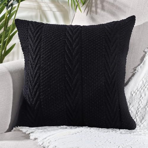 Mandioo Baumwolle gestrickte Schwarz dekorative Wurf Kissenbezüge Weiche Gemütliche Zierkissenbezug Luxus Moderne Dekorativ Couchkissen Kissenhüllen für Sofa Couch Wohnzimmer 45x45 cm