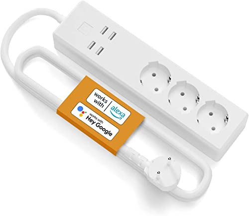 Intelligente Steckdosenleiste WiFi Smart 3 AC Steckdosen 4 USB-Anschlüsse, Timer-Funktion Überlastschutz 10A, kompatibel mit Amazon Alexa, Google Assistant