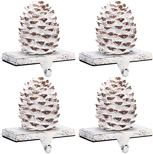 4 Stück Weihnachten Tannenzapfen Strumpfhalter Metall Mantel Strümpfe Haken zum Aufhängen Weihnachten Tannenzapfen Strumpfhalter Kamin Strumpf Aufhänger für Kamin Mantel Weihnachten Dekor (Weiß)