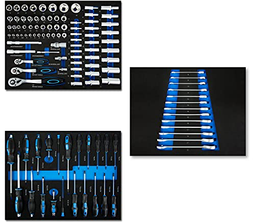 EBERTH Set d'outils multitâches 114 pièces Pour servante d'atelier, inserts d'outils étiquetés en mousse, Pour 3 tiroirs, Equipement automobile et d'atelier professionnel, bleu