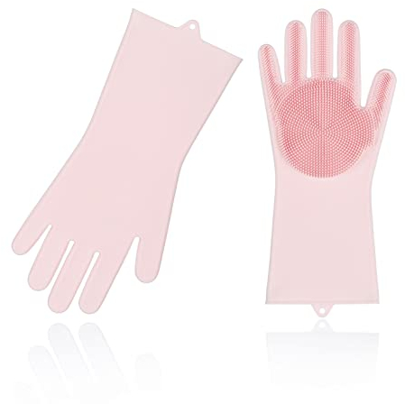 Vgo... Gants éponge de menage vaiselle, gants cuisine nettoyage réutilisables, brosse en silicone, gants de récurage, résistants à la chaleur (SI2142,Rose,9/L,1Paire)