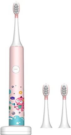 Brosse à dents intelligente IPX7 pour enfants - Étanche - Chargement sans fil - Minuteur intelligent intégré pour 2 minutes - Amusante et facile à nettoyer (avec 3 têtes de brosse) - Rose