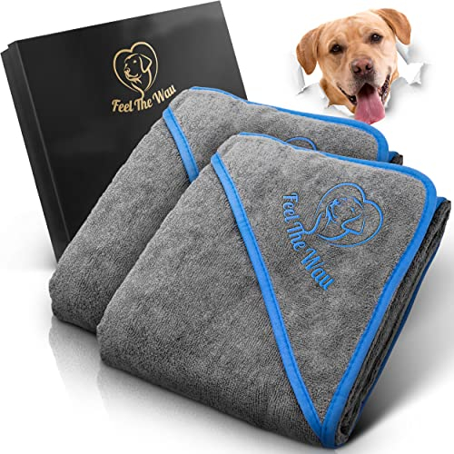 FeelTheWau Hundehandtuch extra saugfähig - Hundehandtuch für große Hunde und kleine Hunde - KUSCHELWEICH - Hunde Handtuch - Geschenk für Hundebesitzer (2er Pack 130x75cm, Grau/Blau)