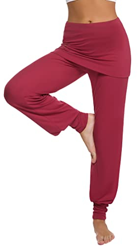 Terecey Yogahose Damen Lang mit Rock Freizeithose Baumwolle Jogginghose Hohe Taille Pumphose Haremhose für Yoga Pilates Tanzen Joggen Weinrot S