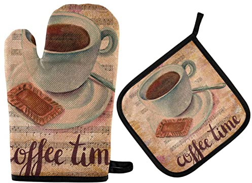 Oven Mitts and Potholder Set Vintage Cup Coffee Cookie Oven Mitts Heat Resistant Kitchen Counter Safe Mats Oven Gloves Non-Slip Grip for Microwave BBQ Cooking Baking Grilling