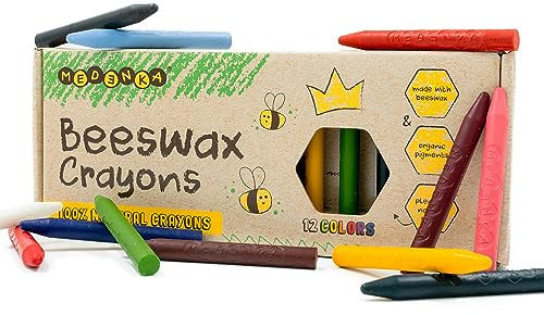 Medenka Wachsmalstifte ab 3 Jahre | 100% reines, europäisches Bienenwachs | Ungiftig | 90mmx10mm | Ohne unnötige Zusatzstoffe & Umweltfreundlich | 12er Pack