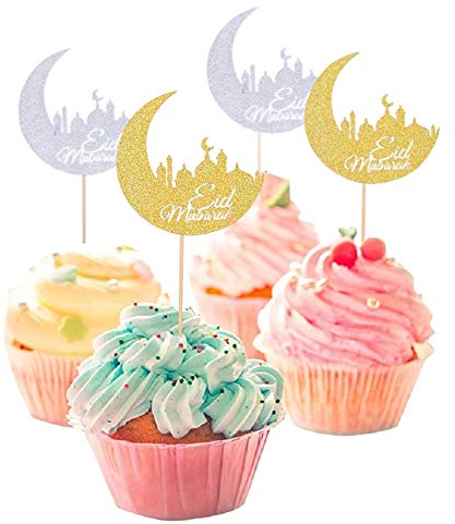 24 Stück Eid Mubarak Topper Mubarak Ramadan Tortendeko Gold und Silber Eid Mubarak Cupcake Toppers Ramadan Deko