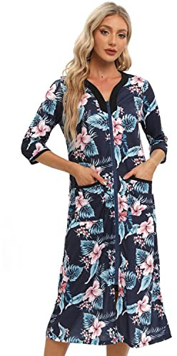 Verve Jelly Women Long House Coat Zipper Front Robes Full Length Nightgowns with Pockets Floral Print Loungewear Navy Blue 2 S