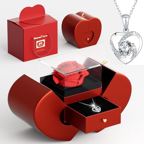 Rosa Eterna con Collar,Rosa Preservada Caja de Regalo, Real Rosa Eterna Natural Preservada Regalo para Mujer Madre para Día de San Valentín Aniversario Día de la Madre Bodas Cumpleaños Navidad