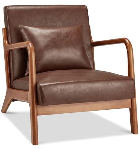 YODOLLA Sessel Akzentstühle Cocktailsessel für Wohnzimmer, loungesessel Lesesessel mit Holzarmlehne Armchair Accent Chairs PU Leder Rotbraun, 65x75x70 cm