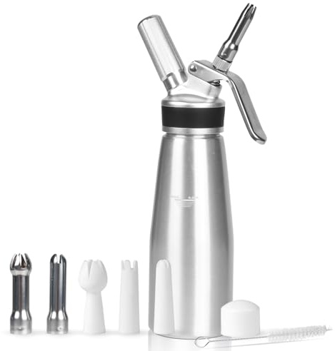 NATUREKIT Sahnebereiter für hausgemachte Schlagsahne, groß, 500 ml Fassungsvermögen, mit 6 Spritztüllen und Reinigungsbürste, auslaufsicherer Schlagsahnebereiter für Desserts, Dips, Saucen