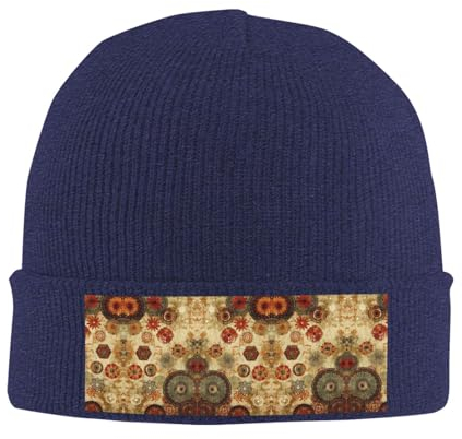ESASAM Strickmütze aus Wolle, Medaillon, mehrfarbig, modische und warme Wintermütze, geeignet für verschiedene Anlässe, marineblau, XL-XXL