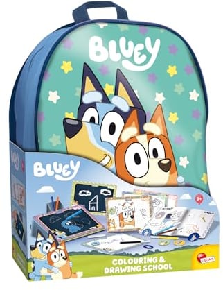Lisciani - BLUEY: Escuela de Colorear y Dibujar - MOCHILA con Kit Creativo - 4 Pizarras Negras y Pegatinas - Listo para la Aventura - Desde 3 años en adelante - Fabricado en Italia