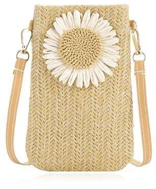 JRYXDS Sacs à Bandoulière Femme Sacs Tissés en Paille Tissée Décontractée pour Femmes Sacs à Bandoulière Sacs pour Téléphone Portable Mini Sac à Main Petit Sac Bandouliere avec Fentes pour Cartes