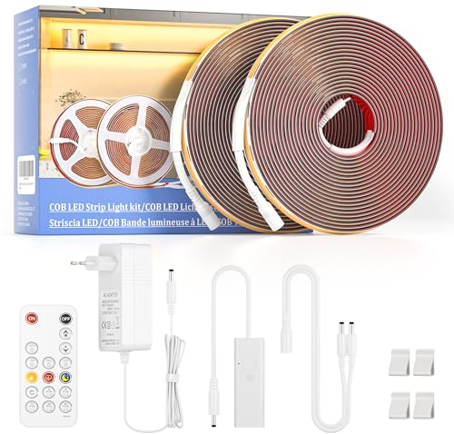 WOBANE Tira Led COB 10 metros Blanco Cálido 3000K, CRI 94+, 2 x 5 M Tira Led Regulable con Mando, Tira Luz Led Adhesiva Alta Luminosidad con Enchufe 24V para Cocina,Habitacion,Escaleras,Sala de Estar