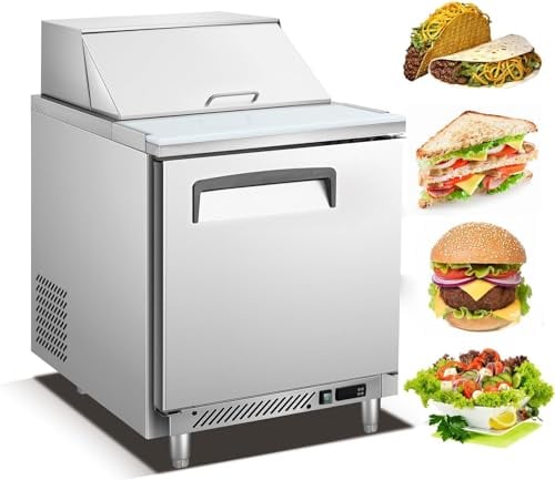 Kolice Commercial Refrigerated Sandwich Salad Prep Station Table Refrigeration Workbench- Single door, 3 pcs GN1/3 Pans, 180L Cabinet, Food grade stainless steel