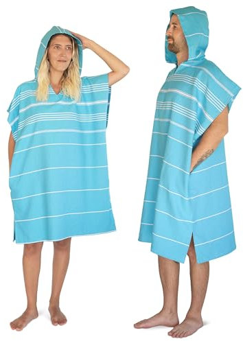 LeStoff Badeponcho - 100% Bio-Baumwolle - Leicht, Saugstark, Schnelltrocknend, Strandponcho mit Kapuze, Handtuchponcho, Surfponcho, Umkleideumhang, Handtuchkleid, Duschponcho, Umziehponcho (Aqua, M)