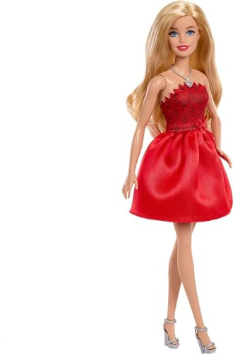 Barbie - Anniversario Mattel 80°, bambola bionda celebrativa in abito rosso rubino con scarpe e collana color argento, giocattolo per bambini e da collezione, 3+ anni, JGD25