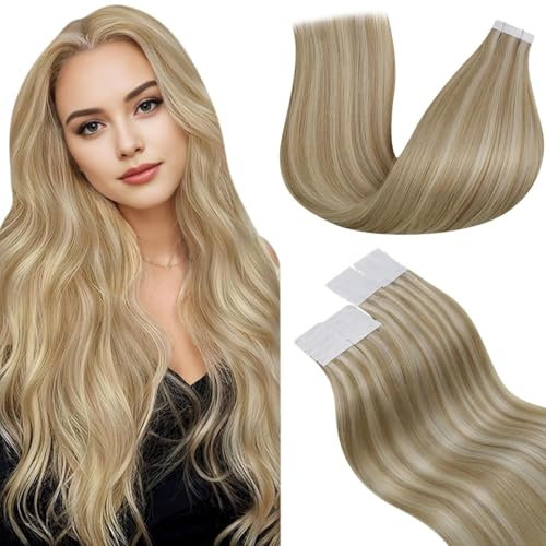 LaaVoo Tape Extensions Echthaar 30cm Blond Echthaar Extensions Tape Hellblonde Highlights Goldenes Blond Remy Haarverlängerung Echthaar Tape in Extensions Unsichtbar #12/24 20pcs 30g