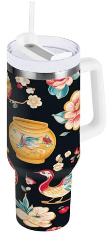 ZZXXB Isolierte Edelstahl-Wasserflasche mit Griff und Strohhalm-Deckel, doppelwandiger Reisebecher, 850 ml, Motiv: chinesischer Vogel mit Blumen