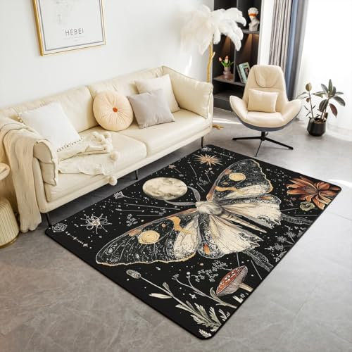 Homewish Halloween Gothic Moth Area Teppich 100Bx150L,Böhmischer Mond Teppich,Dschungel Pilz Botanische Floral Indoor Bodenmatte,Trippy Pilz Blumen Dekorative Teppich rutschfest