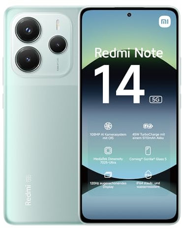 Xiaomi Smartphone Redmi Note 14 5G, 6+128G, Sistema fotografico AI da 108MP, batteria da 5110mAh, display con tecnologia Eye-Care da 120Hz, funzionalità AI (caricabatterie non incluso), Verde
