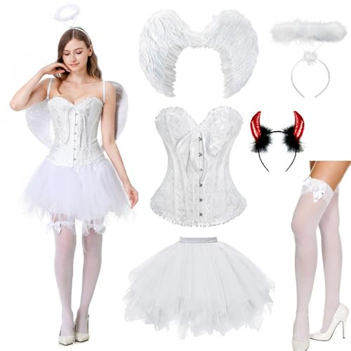 JONRRYIN Disfraz Angel Mujer, Disfraz Angel Negro, Disfraz de Hada y de Diablo, Alas de Ángel, Diadema Angel, Diadema Diablo, Corset, Medias de Rejilla para Halloween, Carnaval, Cosplay (Blanco, M)