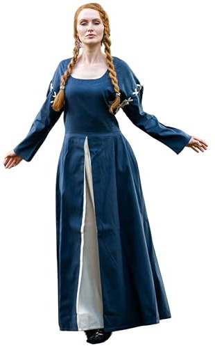 Leonardo Carbone® Damen Kleid Larina | Abnehmbare Ärmel | Schnürung Hinten | Karneval, Halloween, Cosplay, LARP, Mittelalter, Kostüm, Gewand, Festkleid | 100% Baumwolle Taubenblau/Natur XL