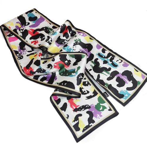 GIMIRO Satin Seidenschal Doppelschichten 150 x 16cm Krawatte Blumen Taillengürtel für Blazer, Mantel, Kleid (White Black Colorful Shadow)