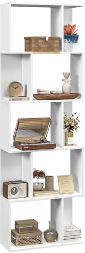 HOMCOM Scaffale Libreria a 5 Ripiani Suddivisi, Libreria Salvaspazio a Forma di S in Legno, Scaffale Divisorio per Soggiorno, Camera da Letto e Ufficio, 60x24x184.5 cm, Bianco