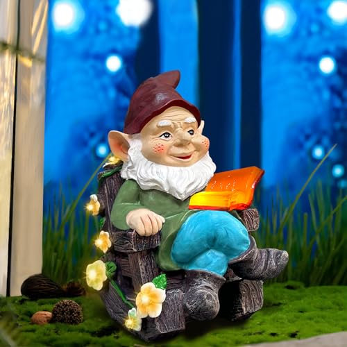 Solar Garden Gnome Statues Outdoor - Fairy Resin Gnomes Succulents Figurines Lights Yard Art Sculpture Home Decor For Outside Patio Balcony Lawn Ornaments, Ideal Christmas Birthday Housewarming Gifts