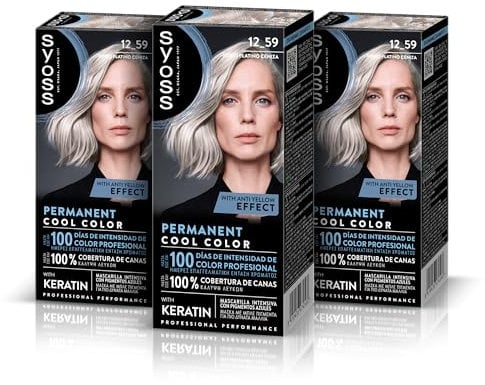 SYOSS Permanent Cool Color 12-59 Rubio Platino Ceniza, tinte de pelo matizador y mascarilla intensiva con keratina, para una cobertura profesional de canas, color duradero, Pack 3