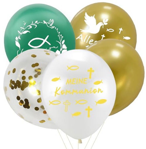 25 Stück 5 Design Kommunion Luftballons, Kommunion Deko, Konfirmation Deko, Erstkommunion Deko, Fischmotiv und Blätterkranz Helium Ballons Dekoration Geschenk, Erstkommunion Party ZubehöR Partydeko