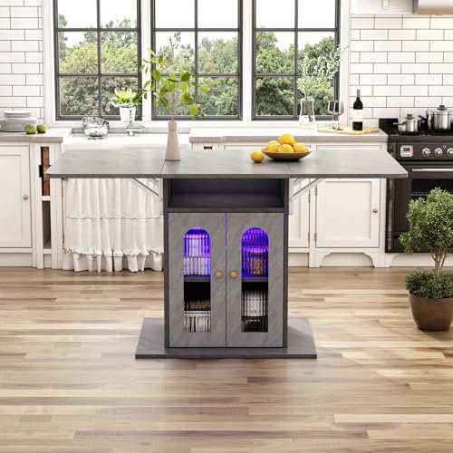 Merax Table de salle à manger extensible avec espace de rangement, 2 portes, 2 compartiments, éclairage LED, pour cuisine et salle à manger, gris, 50/140 x 78 cm