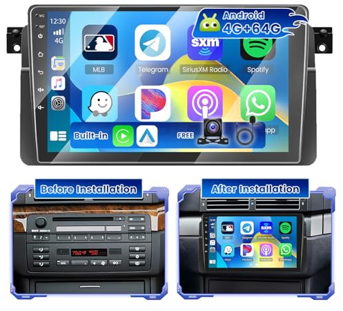 Hikity 4G+64G Android 15 Radio Coche para BMW Serie 3 E46 1999-2005 con Pantalla Táctil de 9 Pulgadas, Radio 2 DIN con Carplay Android Auto Radio Inalámbrica FM/RDS BT GPS WiFi + Cámara Trasera+Mic