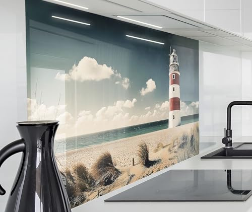 timalo Spritzschutz Wand für Herd, Küche Küchenrückwand Glasoptik | Acryl Glas 2mm | Glasrückwand Acrylglas Wandpaneele Rückwandschutz Platte | 280x58cm Leuchtturm Meer Strand