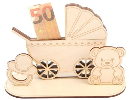 Kreative Feder 3D Geldgeschenk-Aufsteller Baby zur Geburt – DIY-Glückwunschkarte aus Holz für Geldscheine (Kinderwagen)