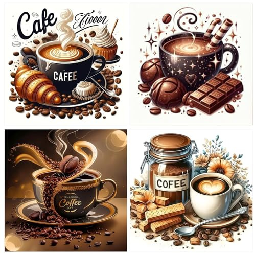 GLIDIAM 4er Set Diamond Painting Kaffee Schokolade, Diamant Malerei Bilder Küche, 30x30cm DIY Full Drill Basteln Erwachsene, Mosaik Stickerei Kreuzstich Geschenk für Wanddeko Wohnzimmer Schlafzimmer
