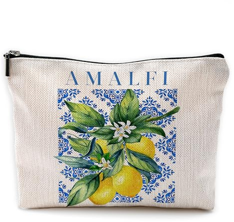 Yomisex Italian Amalfi Coast Lemon Makeup Bag, Blue and White Floral Cosmetic Bags Toiletry Bag for Women, Italian Themed Gifts, Mediterranean Tiles Lemon Tree Makeup Pouch