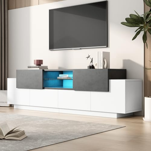 OLIVIBED Mobile TV moderno con ante, Mobile Porta TV per TV da 70-80 pollici, Moderno Credenza da soggiorno, camera da letto, bianco e grigio, 180x40x45cm