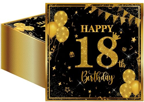 40 Stück Servietten 18. Geburtstag, Schwarz Gold Servietten für Mädchen & Jungen, Stilvolle Deko 18. Geburtstag, Elegante Tischdeko 18 Geburtstags für Party & Feier