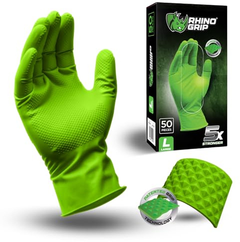 RHINO GRIP Nitrile Gloves - Heavy Duty Ultra Tough Disposable Gloves, Diamond Grip Green Gloves - Powder-free (Extra Large)
