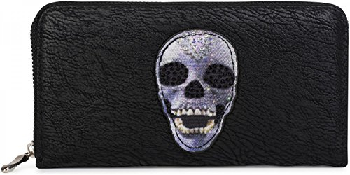 styleBREAKER Geldbörse mit Totenkopf Applikation und Strass, umlaufender Reißverschluss, Portemonnaie, Damen 02040053, Farbe:Schwarz