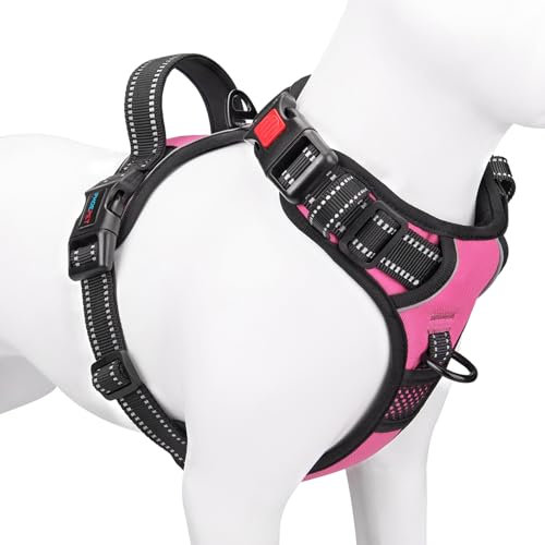 PHOEPET Hundegeschirr ohne Zug für kleine Hunde, reflektierende, verstellbare Front-Clip-Weste mit Griff, 2 Metallringe, 3 Schnallen [leicht an- und auszuziehen] (S, Rosa)