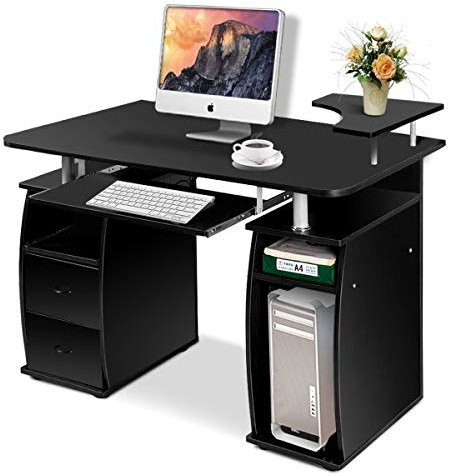 COSTWAY Scrivania Salvaspazio, Scrivania con Cassetti, Vassoio per Tasteriera, Ripiani e Porta Stampante, Scrivania Porta PC per Ufficio e Studio, 120 x 55 x 76 cm, Portata 60 kg (Nero)