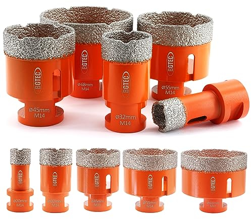 BGTEC - Set di 5 punte per trapano diamantate a secco, per piastrelle in porcellana, ceramica, marmo e mattoni, filettatura M14, per sega a tazza da 20/32/45/55/68 mm